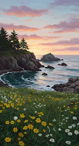 Painterly Coastal Cove with Wildflowers at Dusk