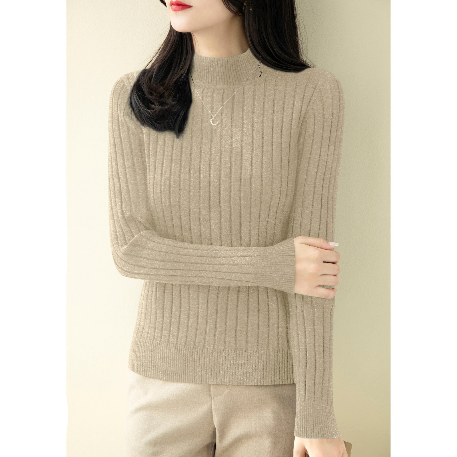 Women's knitted sweater with a half stand-up collar, fitted