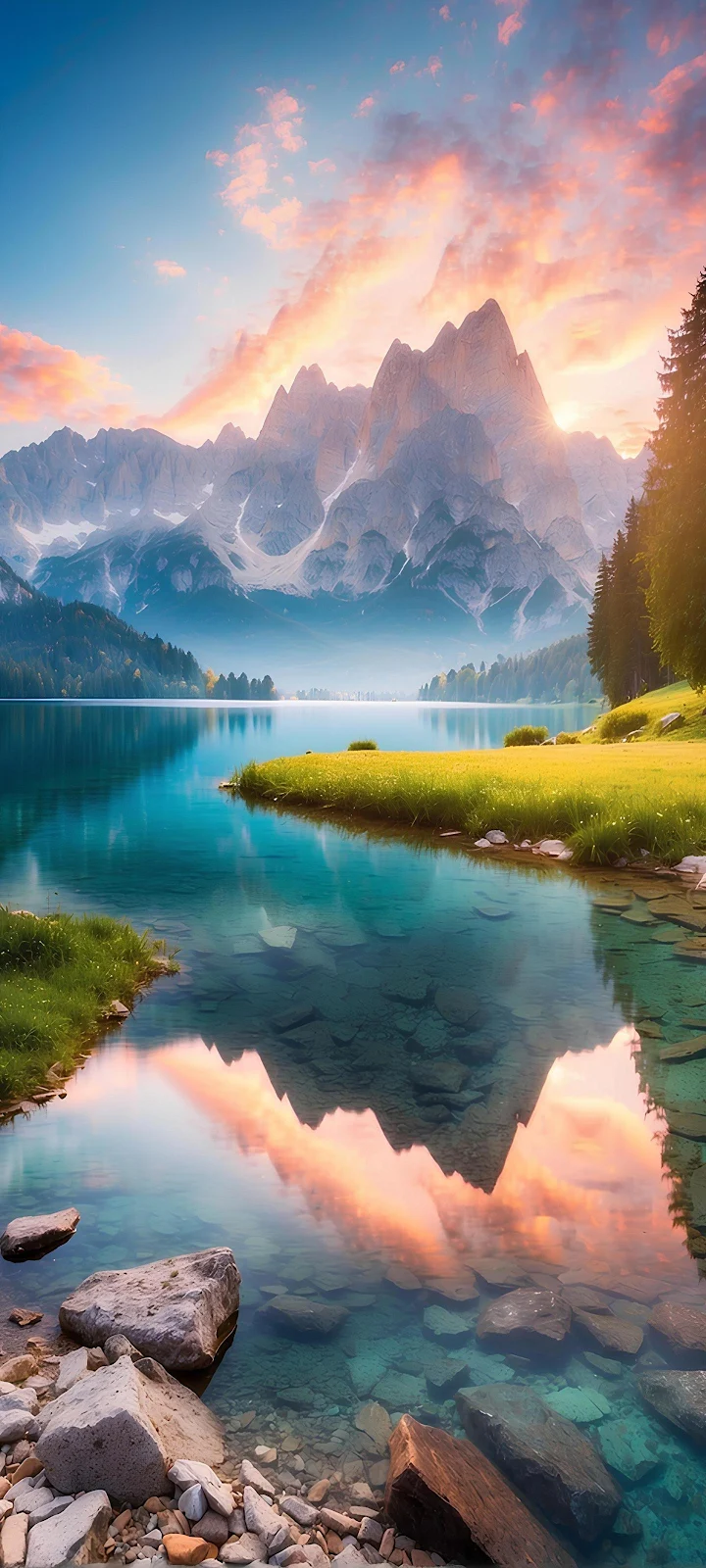 Majestic Mountain Lake Reflection - Digital Landscape Art 2K iPhone Wallpaper (1440x3200)