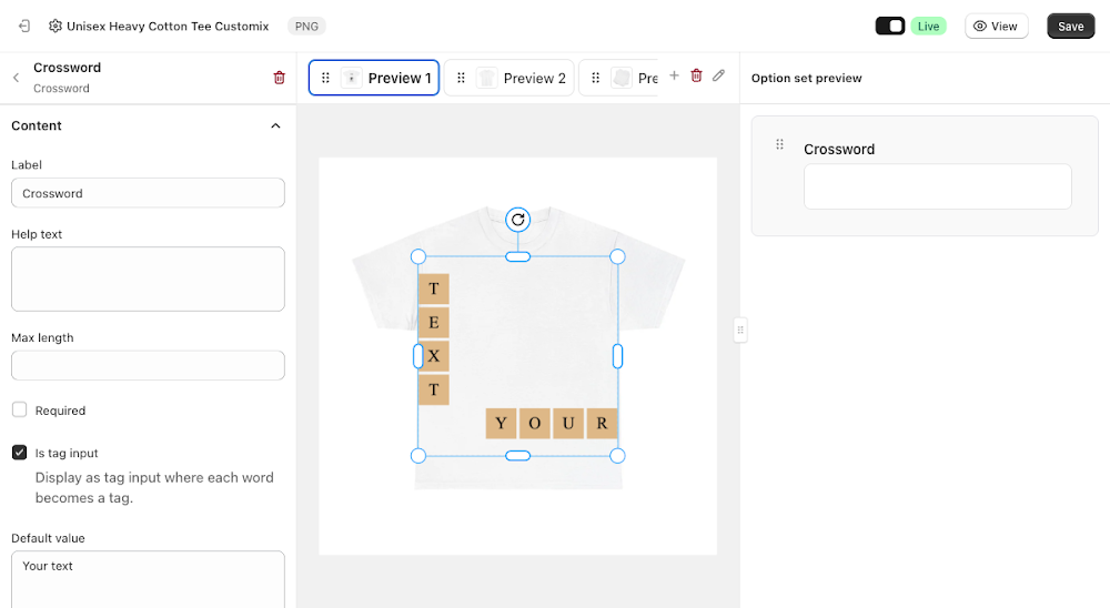 Content panel with Label, Help text, Max length, Required, Is tag input, Default value, and Recreate button, canvas showing the default TEXT/YOUR crossword