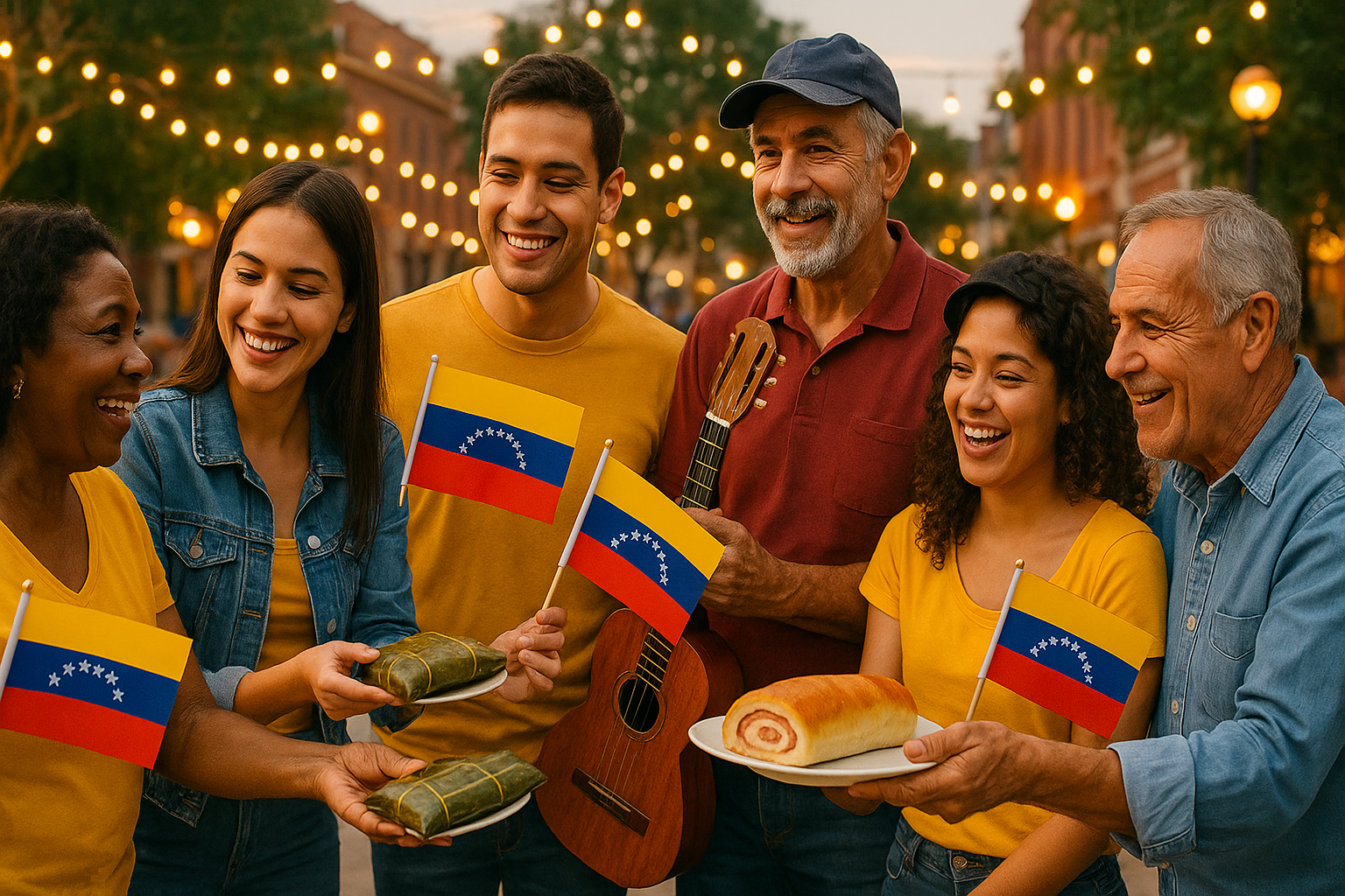 Venezolanos en el exterior compartiendo hallacas y música de gaita en una plaza