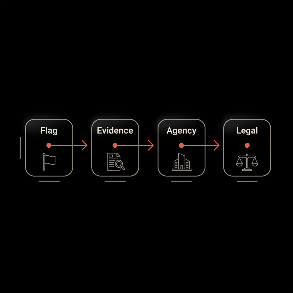 Minimal full-frame infographic flowchart (Flag → Evidence → Agency → Legal) on black background with orange accents, illustrating steps for cost to have Google reviews removed.