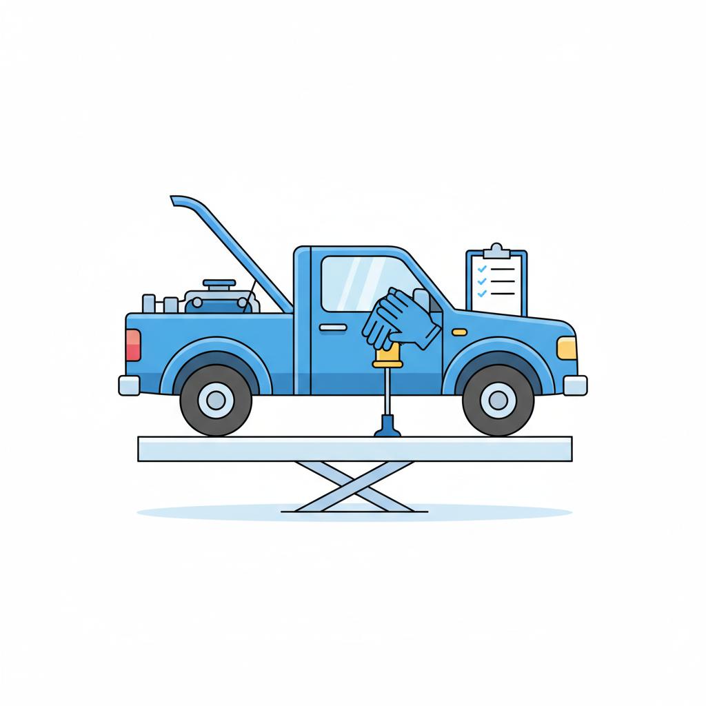 Minimalist 2D vector of a pickup truck on a lift with open engine bay gloves on oil dipstick and a clipboard with check icons in CarFax Deals colors tacoma trucks for sale
