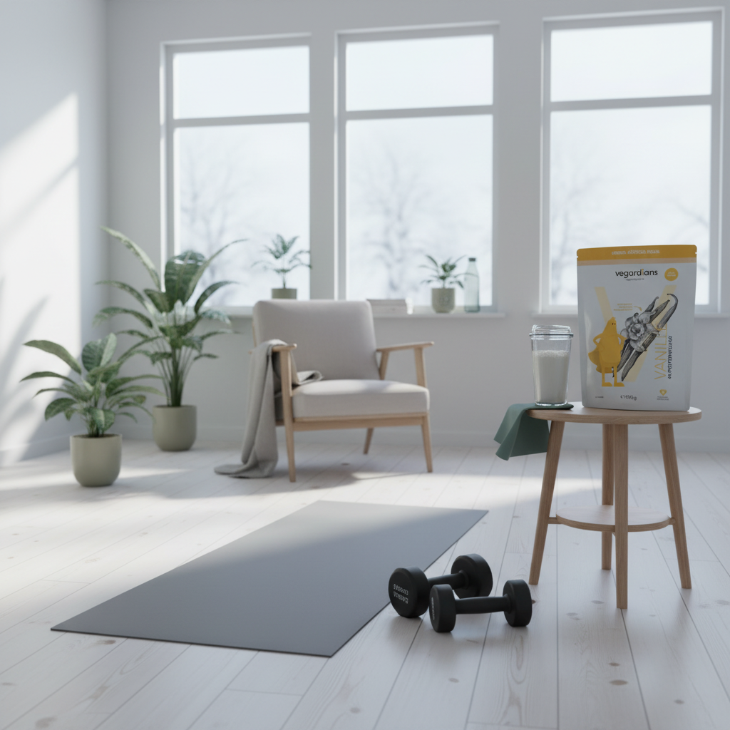 Minimalistische Heimtrainingsszene mit Yogamatte, Kurzhanteln und Vegardians-Produkt auf Holztisch im winterlichen Fensterlicht – Eiweißbedarf beim Muskelaufbau