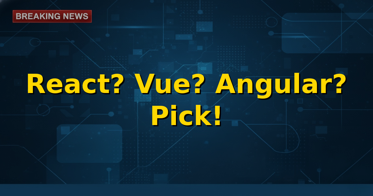 Illustration showing logos of React, Vue, and Angular frameworks with arrows pointing to a developer making a choice.