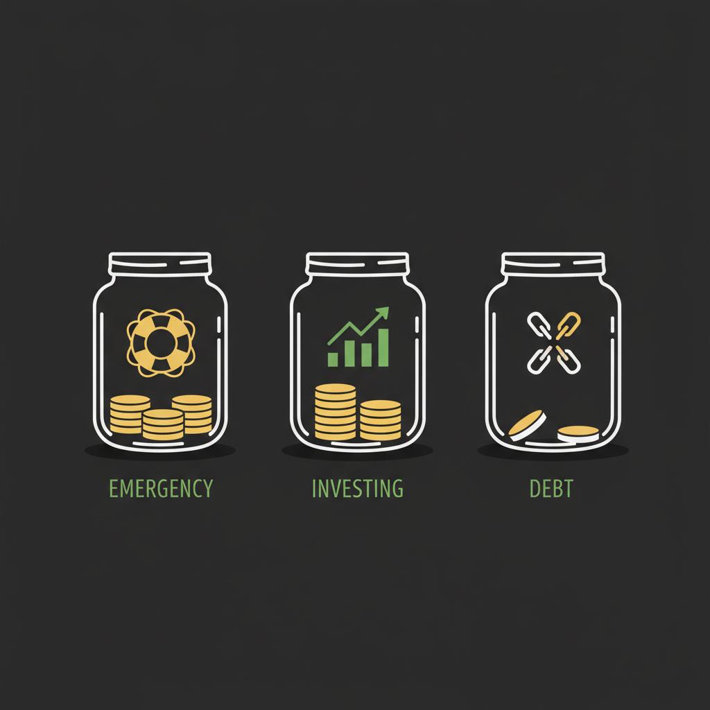 Minimalist vector of three jars with icons for emergency investing and debt showing prioritization how do you start investing