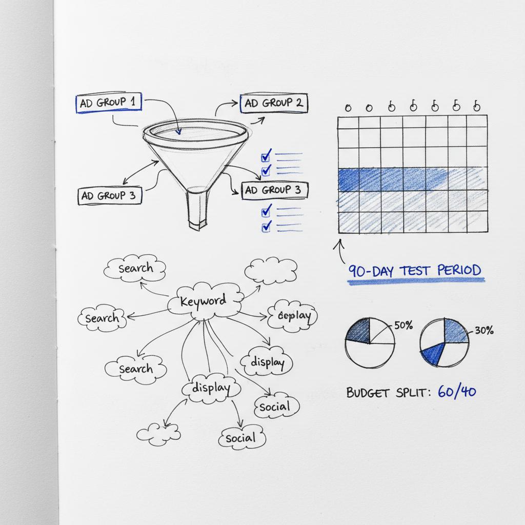 Close-up planner sketches of ad groups, keyword clusters and a hand-drawn 90-day calendar for a Google Ads for real estate campaign on a white minimalist notebook page.