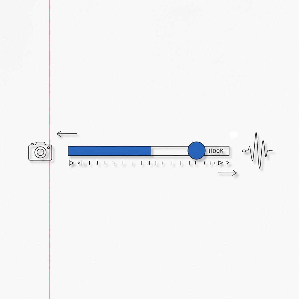 Minimal hand-drawn sketch of a video player scrub bar emphasizing the first three seconds with a blue highlight, camera doodle, audio wave and hook dot &mdash; TikTok 3-second rule