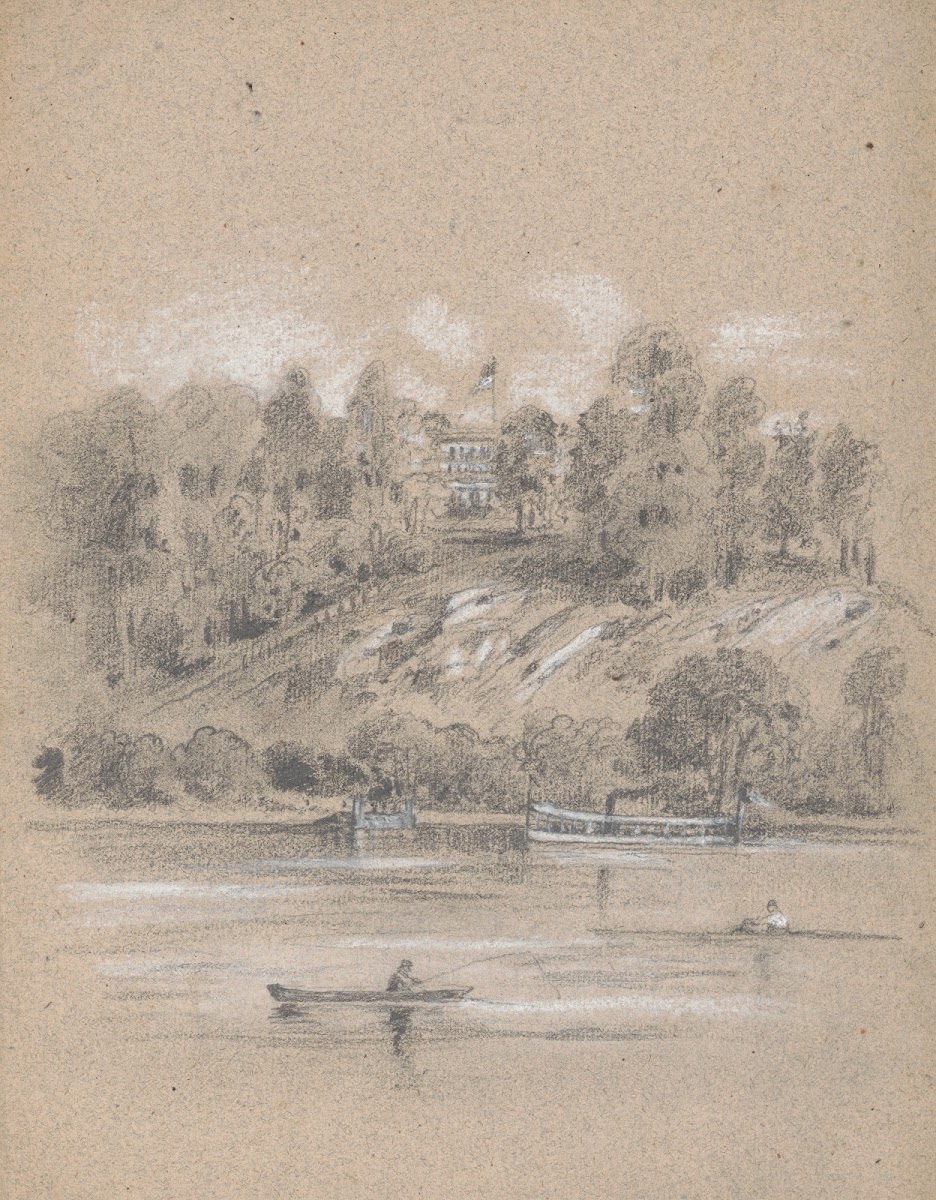 View from the Schuylkill River looking up toward a mansion possibly Lemon Hill i