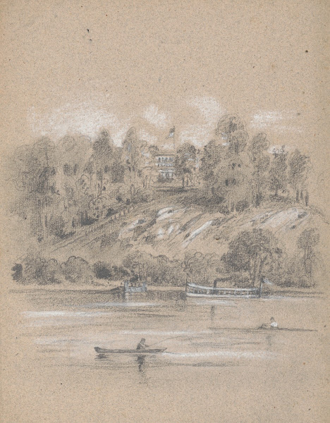 View from the Schuylkill River looking up toward a mansion possibly Lemon Hill i