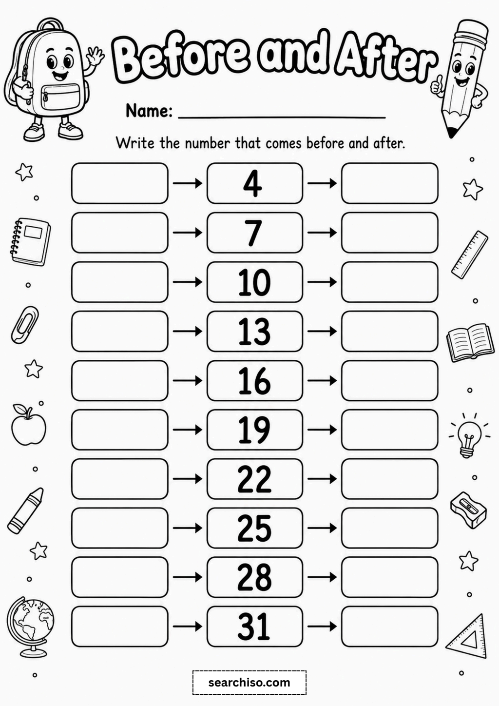 Before and After Numbers Worksheet