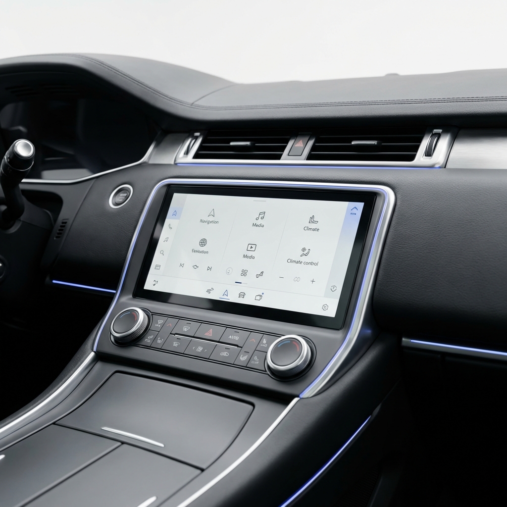 Hyundai vs Kia comparison close up of a car dashboard and infotainment screen studio lit minimalist background white brand accent 3666ed clear UI elements font color 010205 full frame