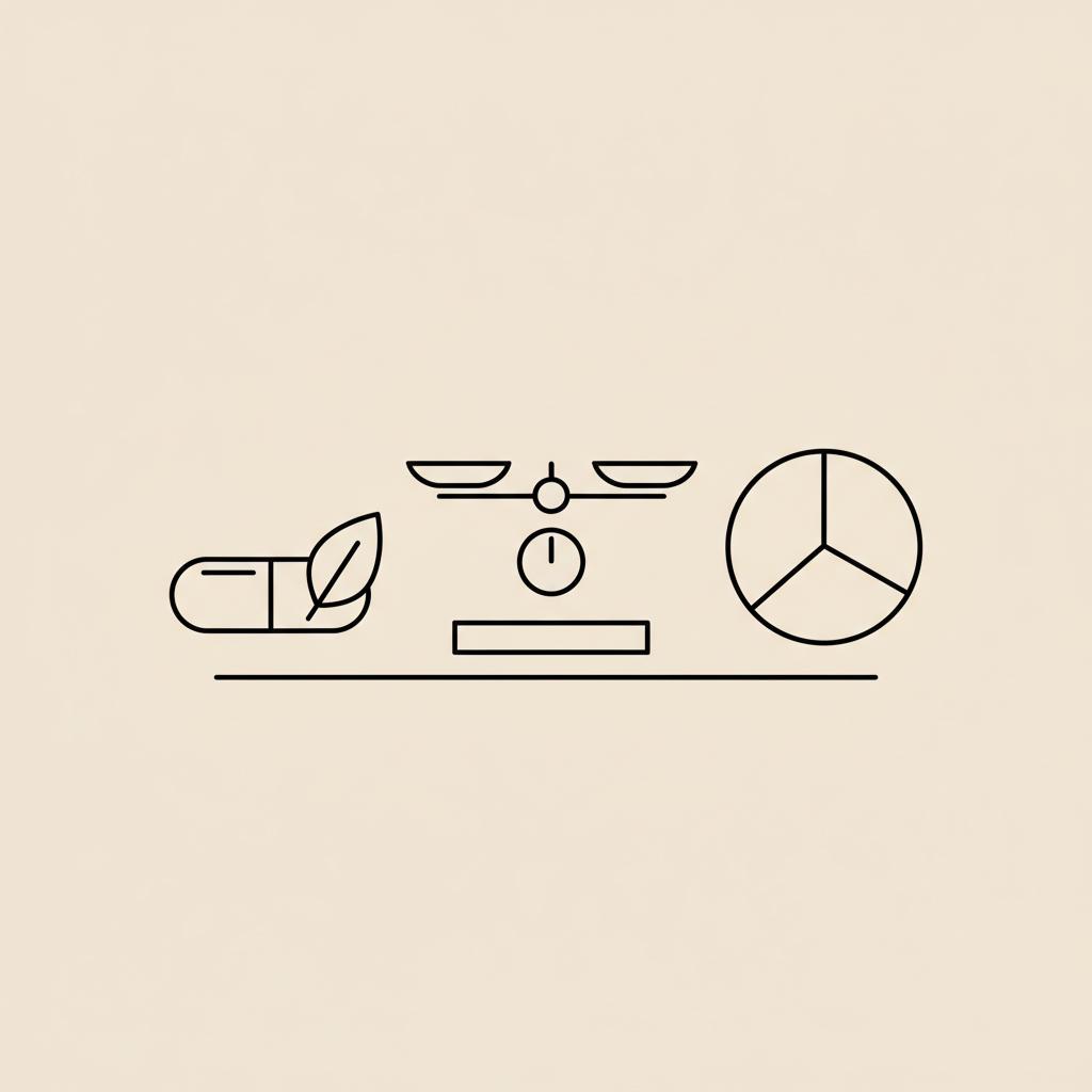 Minimalist Tonum-style 2D vector line illustration of a capsule with leaf, a stylized scale, and a body-composition pie chart on beige background — best pill for weight loss