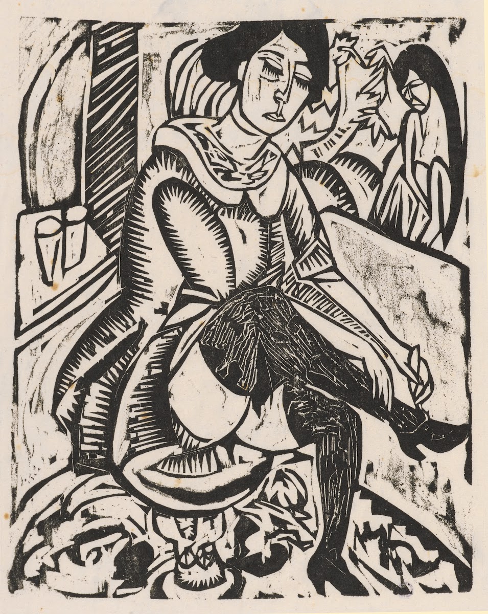 Frau Schuh zuknöpfend 1912
