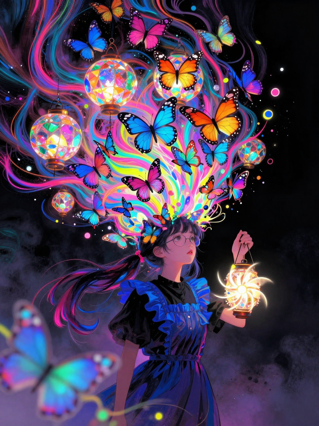 Arte digital vibrante con remolinos de neón.
