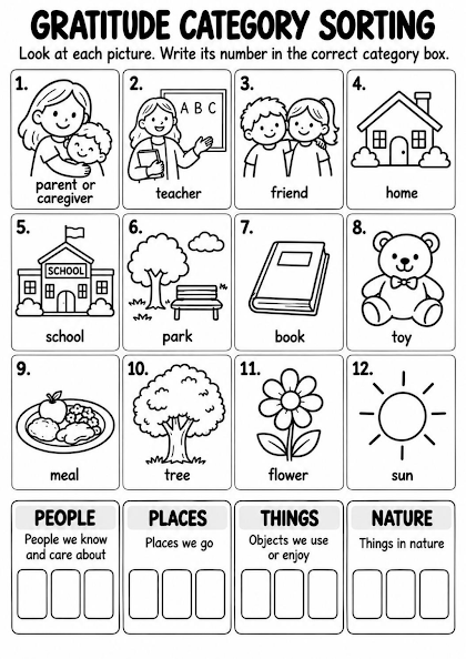 Gratitude Category Sorting Worksheet