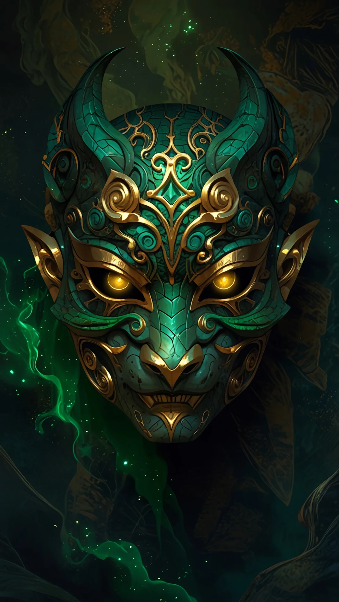 Ornate teal and gold demon mask with glowing yellow eyes - Free 4K mobile Wallpaper