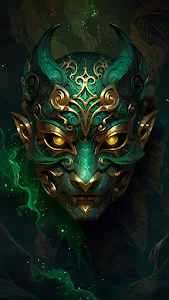 Ornate teal and gold demon mask with glowing yellow eyes