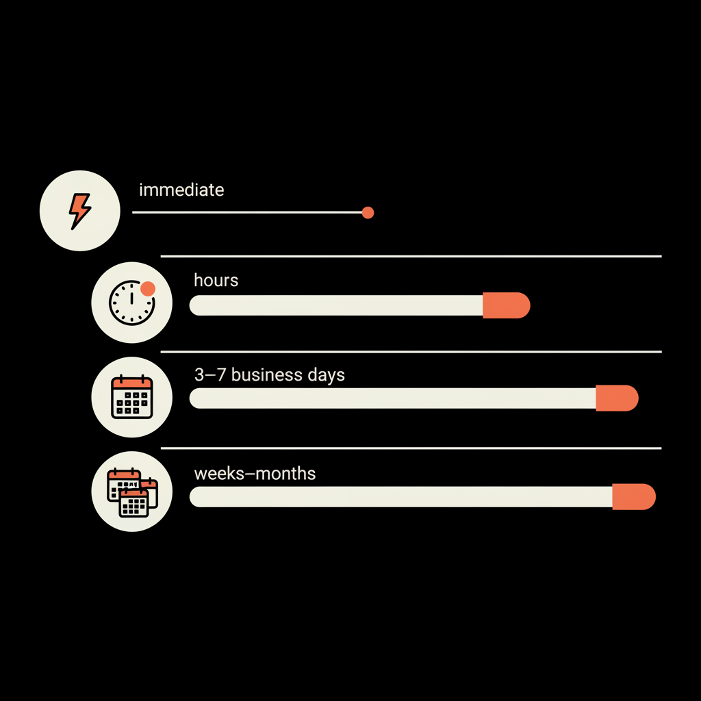 Minimal 2D vector timeline infographic showing four routes to removal with time ranges (immediate, hours, 3–7 business days, weeks–months) in Social Success Hub colors. Google review removal time