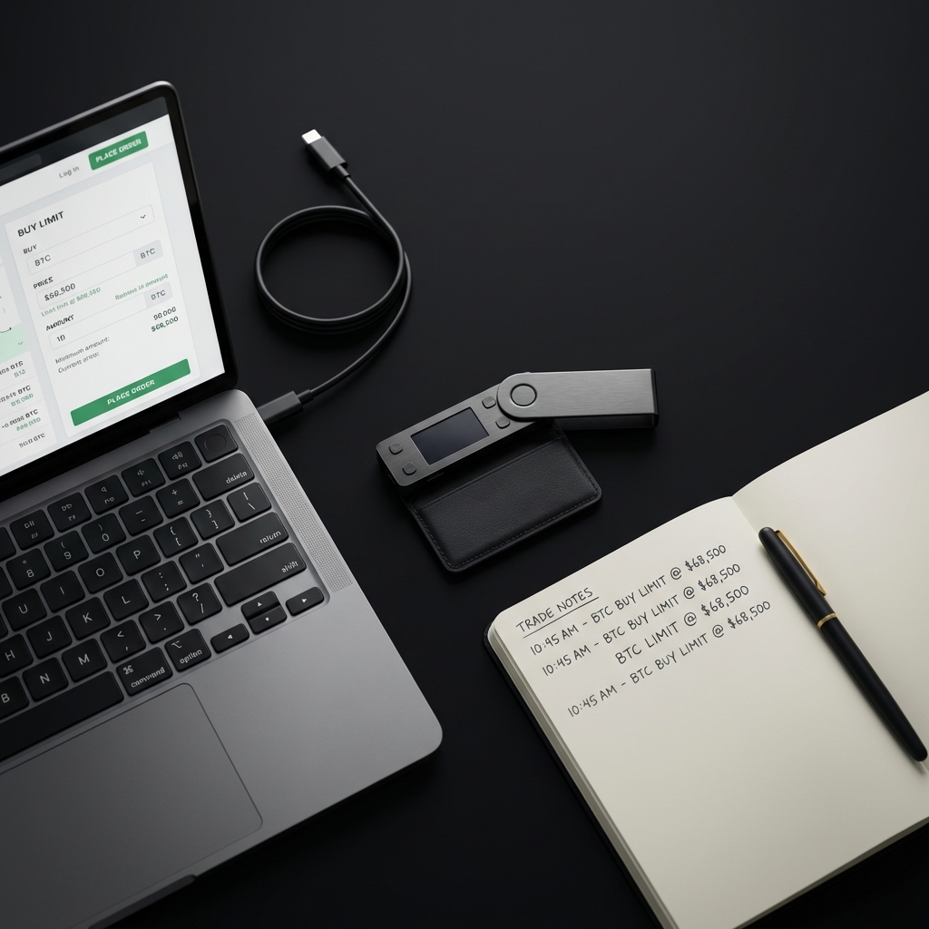 Hardware wallet next to handwritten trade notebook and laptop showing a limit order form, minimalist crypto trading setup in Finance Police colors
