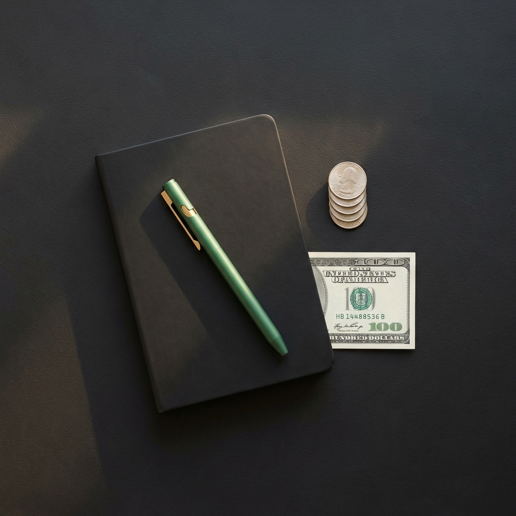 Minimalist flat lay of closed notebook pen in brand green 4aa568 small stack of coins and one hundred dollar bill on a black textured surface investing with $100
