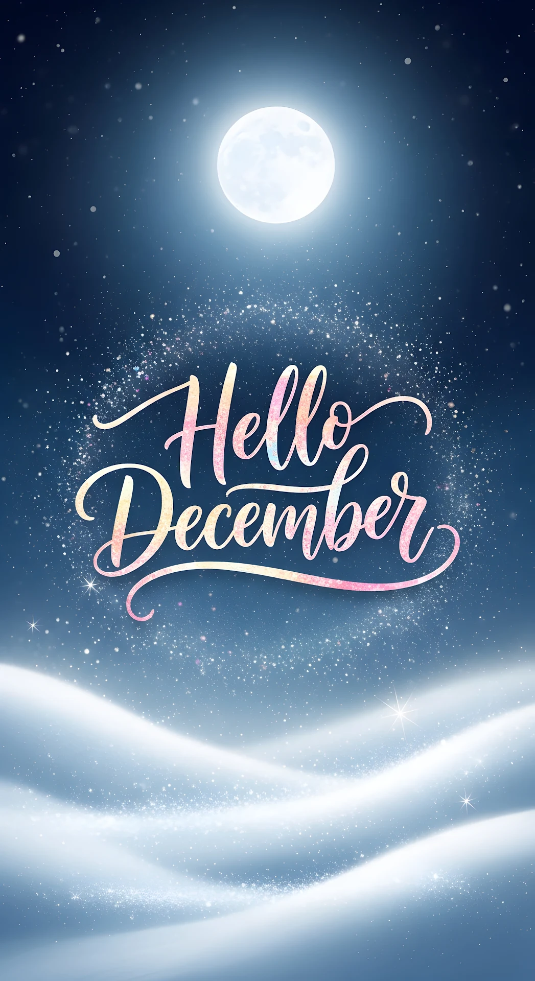 Hello December Winter Night Sky Full Moon Snowdrifts - Free 4K mobile Wallpaper