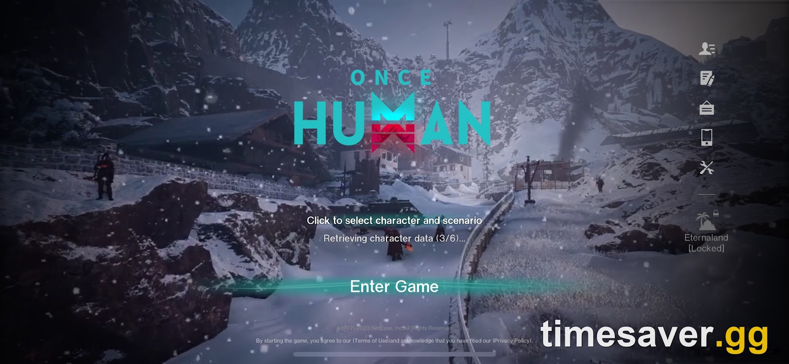 Once Human mobile sign-in screen stuck on Retrieving character data 3/6 under Click to select character and scenario