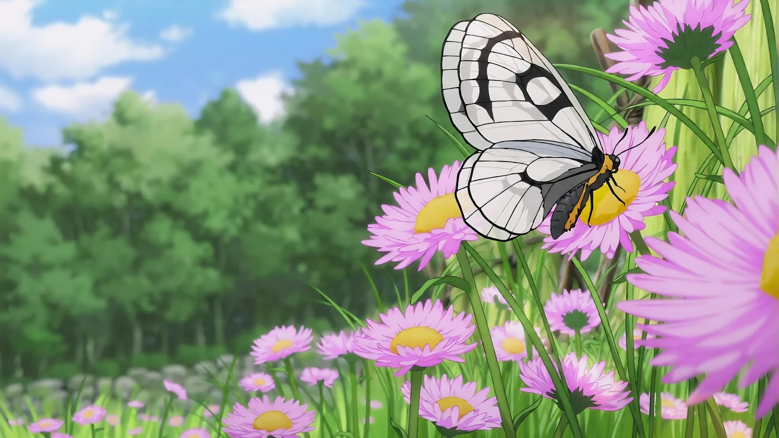 White Butterfly On Pink Flowers - Anime Illustration 4K Wallpaper (3840x2160)