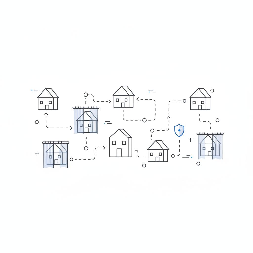 Minimalist vector map of connected houses with subtle privacy overlays and a small shield icon, representing neighborhood safety and Nextdoor who viewed my profile