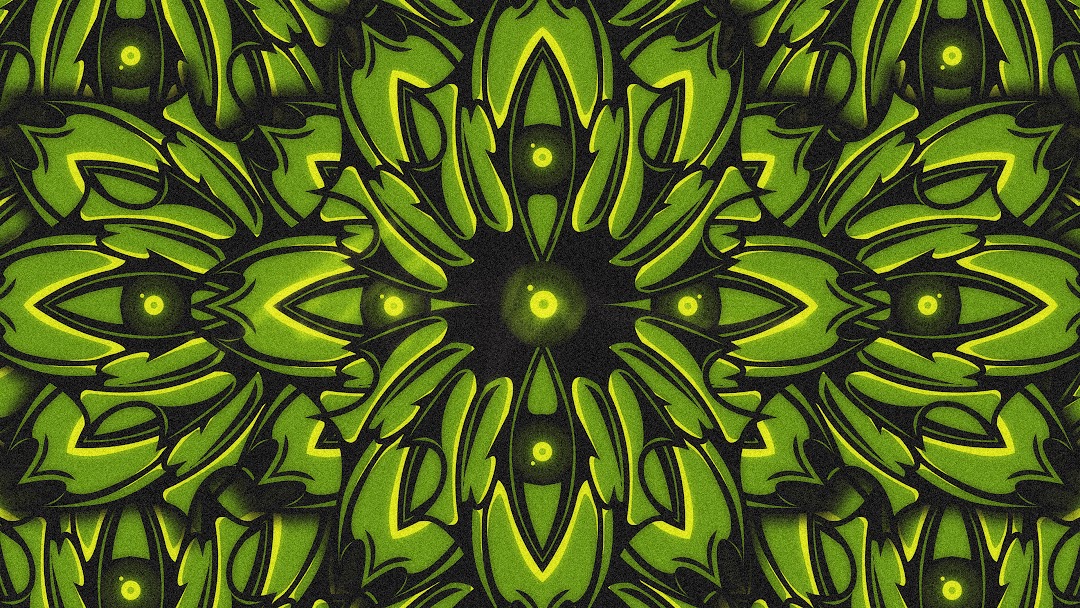 Abstract green ornamental pattern with symmetrical leaf shapes and dark outlines
