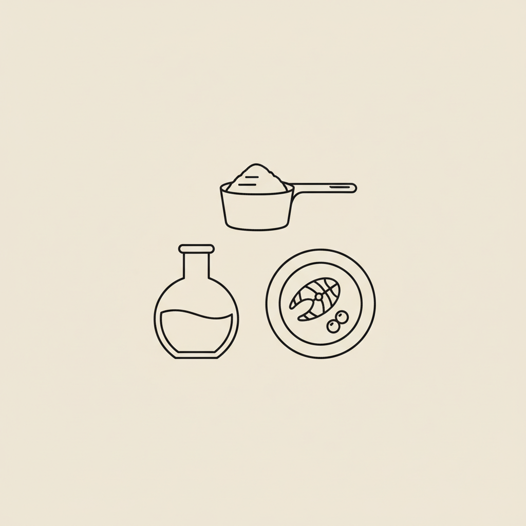 Minimalist vector line illustration of a protein scoop, lab flask, and plate with fish and berries on beige background for protein shakes weight loss