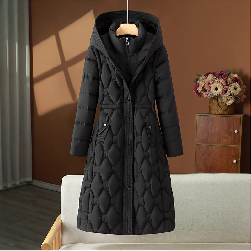 Long women's puffer coat with waist tailoring