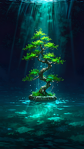 Luminous Bonsai Tree Floating on Water Under Sunbeams
