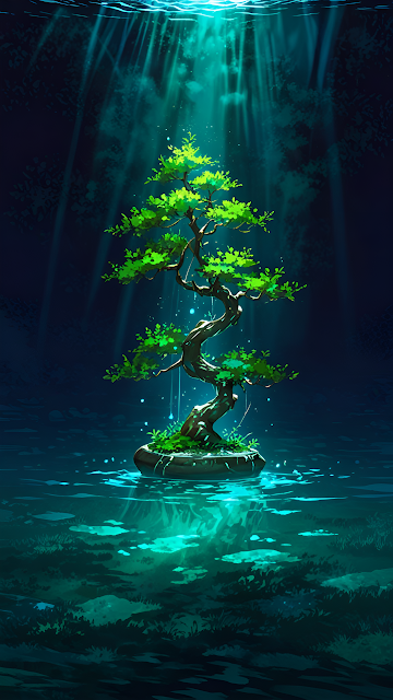 Luminous Bonsai Tree Floating on Water Under Sunbeams - Free mobile Wallpaper