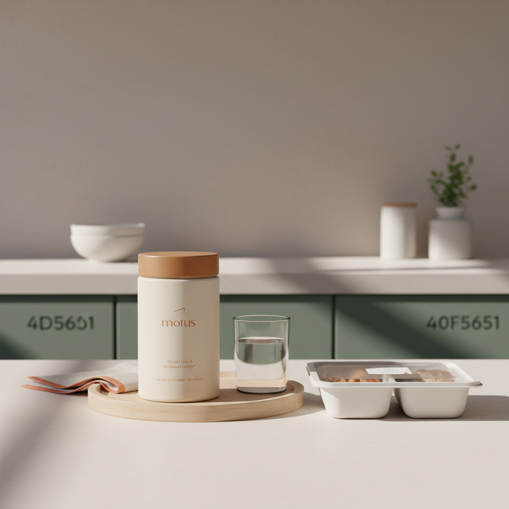 Minimalist product photo of Tonum Motus jar beside a refrigerated meal tray and glass of water on a wooden tray, styled for Metabolic Meals, emphasizing health and weight loss.