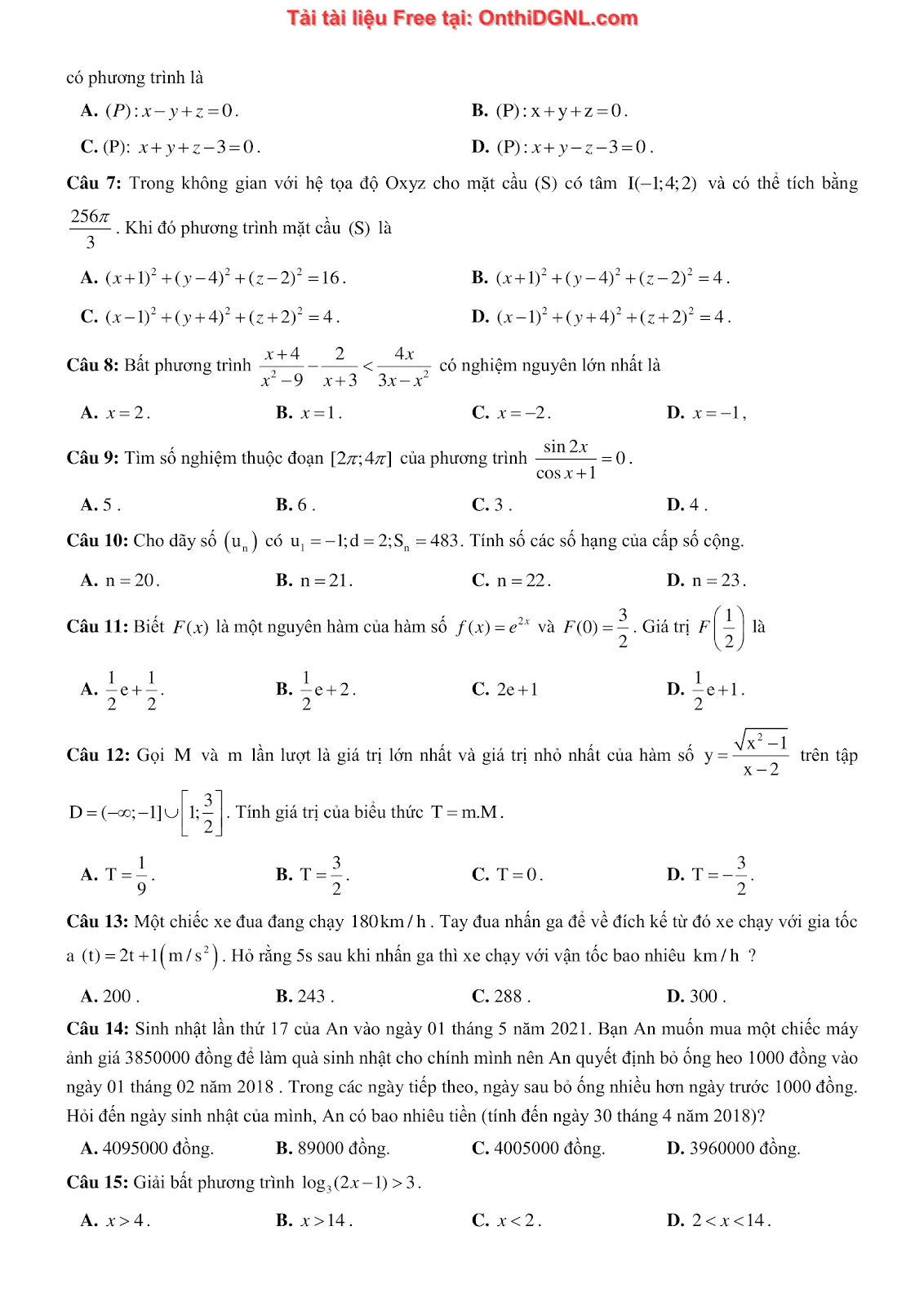 1300 bài tập môn Toán - Ôn thi ĐGNL ĐHQG Hà Nội Phần 19