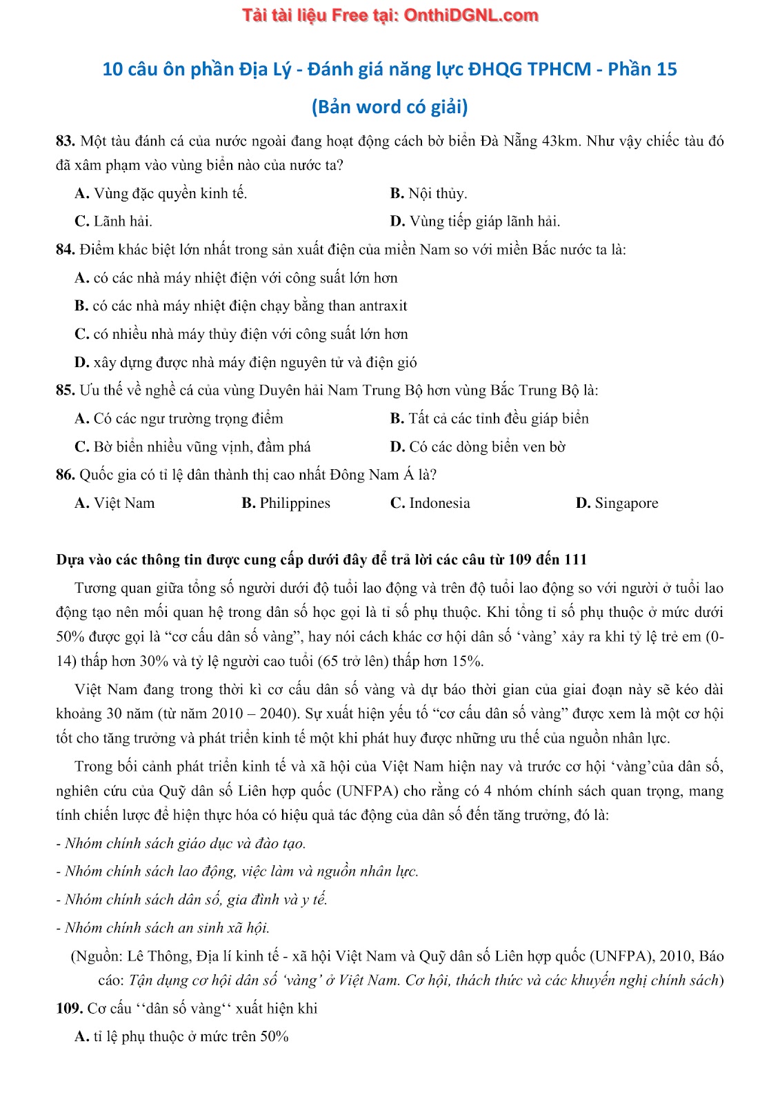 250 bài tập môn Địa Lý - Ôn thi ĐGNL ĐHQG TP HCM Phần 15