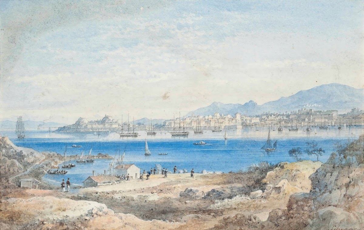 View Of The Fleet At Anchor Off Corfu Taken From The Island Of Vido