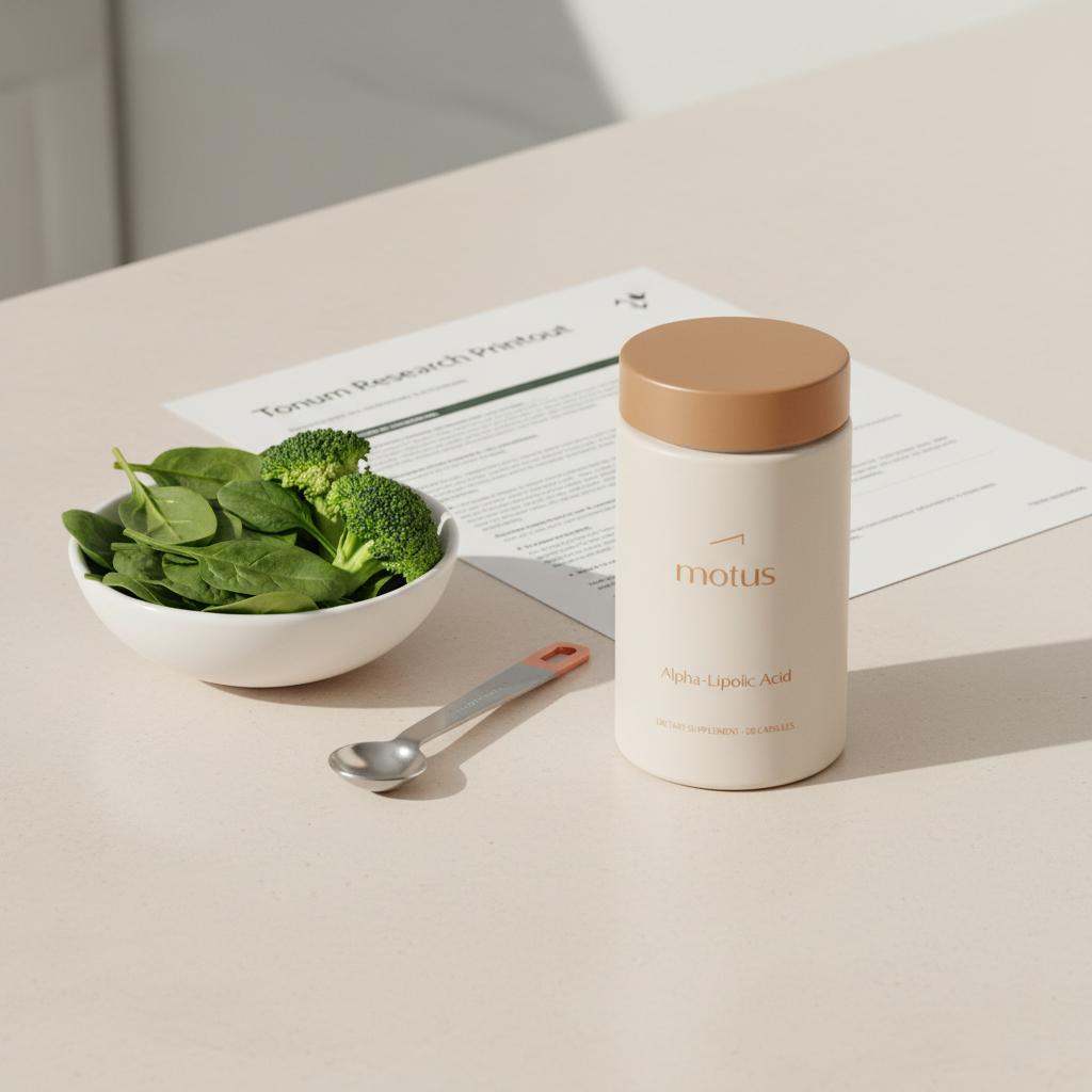 Minimalist kitchen scene with Tonum Alpha-Lipoic Acid supplement, spinach and broccoli, measuring spoon and research printout — does ALA lower blood sugar