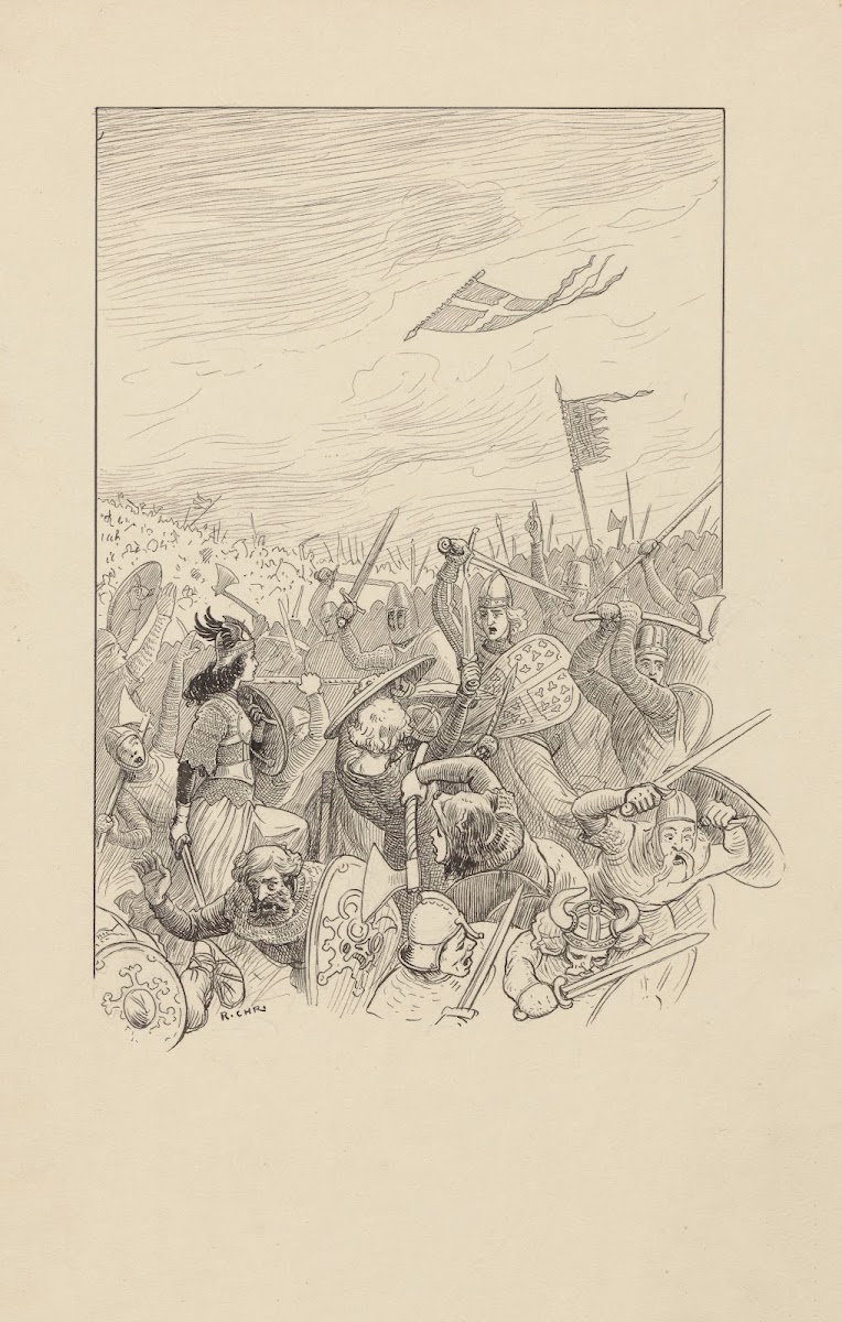 The Danish flag falls from the sky onto a battlefield 1896