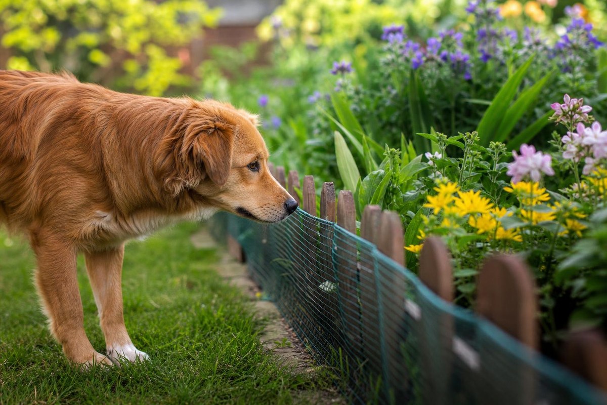 Dog near a fenced garden bed showing safe distance from plants