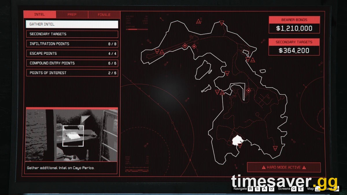 The Kosatka intel board for the Cayo Perico Heist with HARD MODE ACTIVE showing in the corner