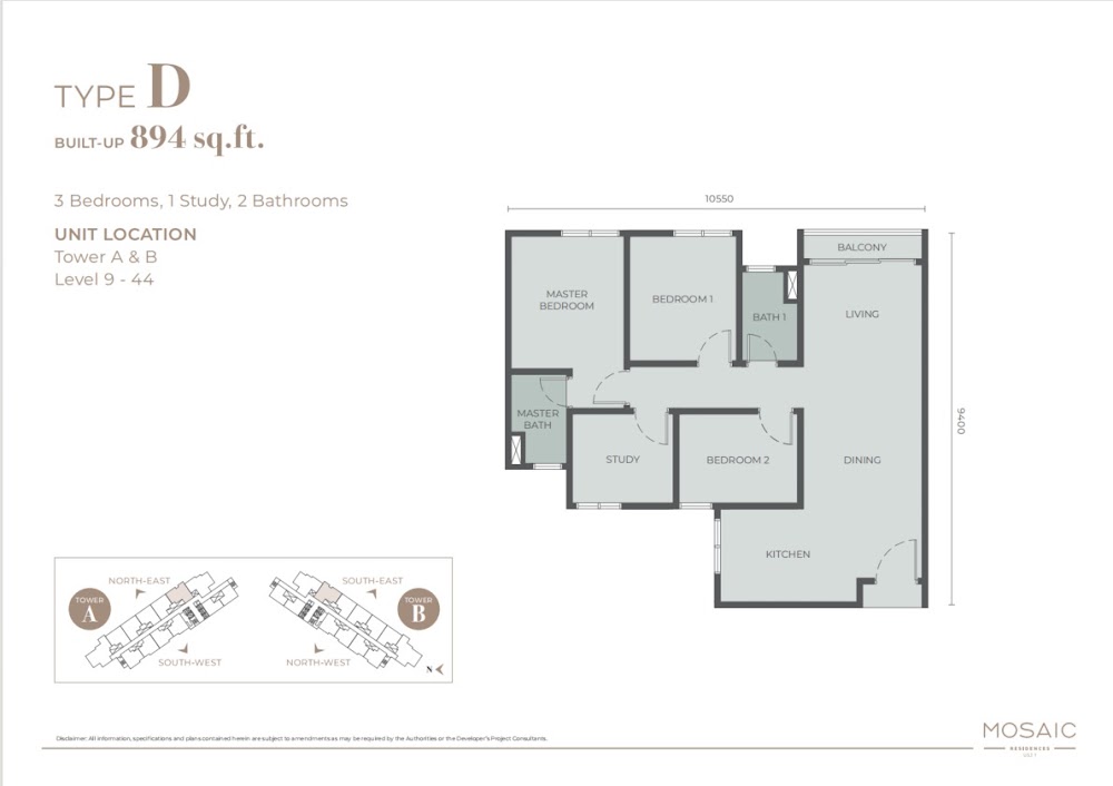 Mosaic Type D floor plan — 894 sq ft, 3 bedrooms