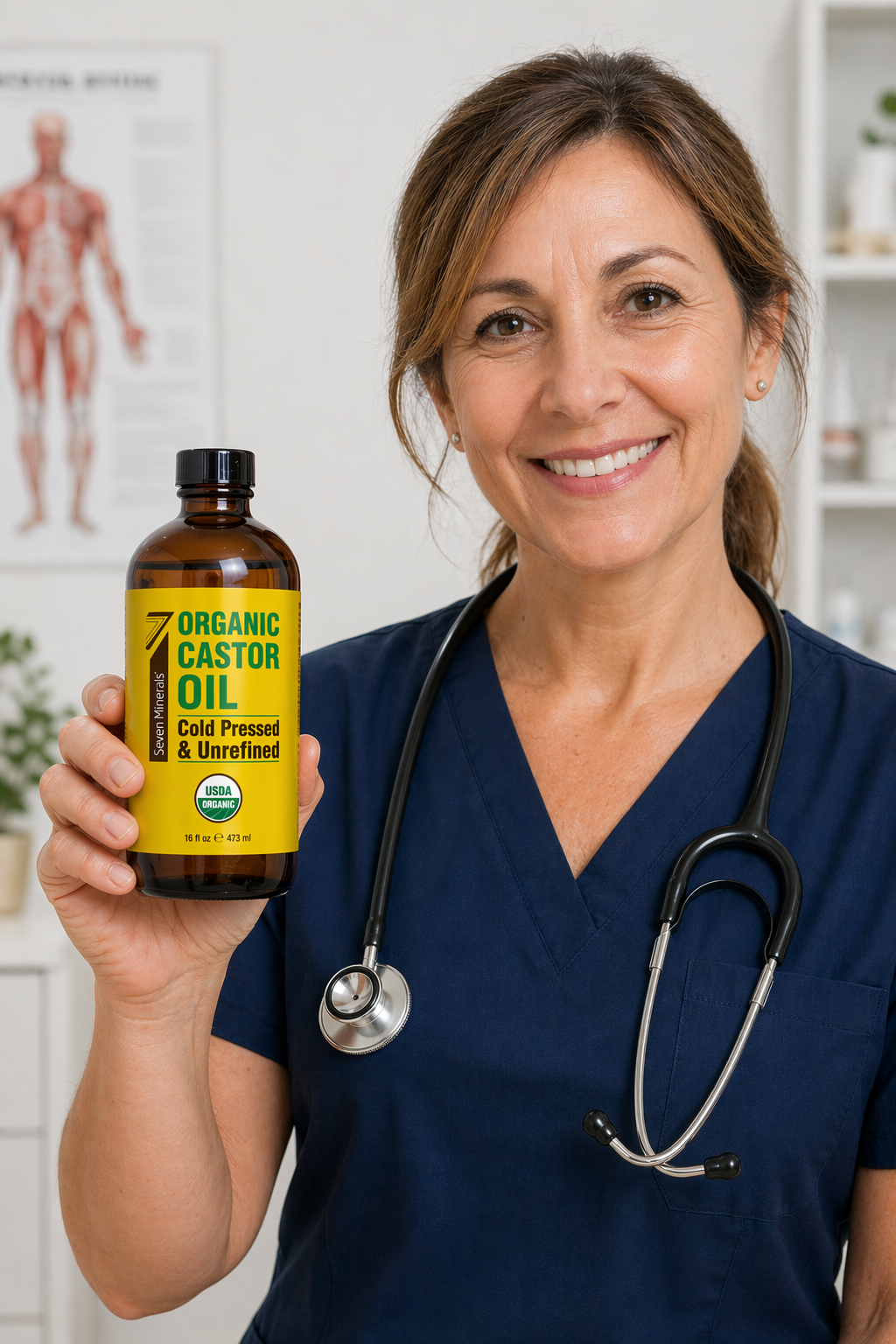 Registered nurse holding Seven Minerals 16 oz organic castor oil