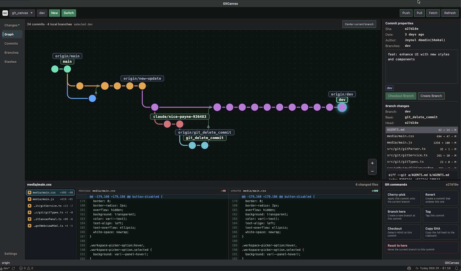 GitCanvas visual commit graph with branch lanes, commit details, changed files, and Git command actions