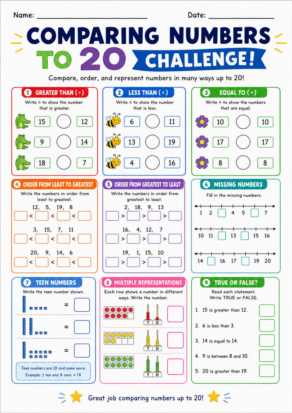 Comparing Numbers to 20 Challenge Worksheet