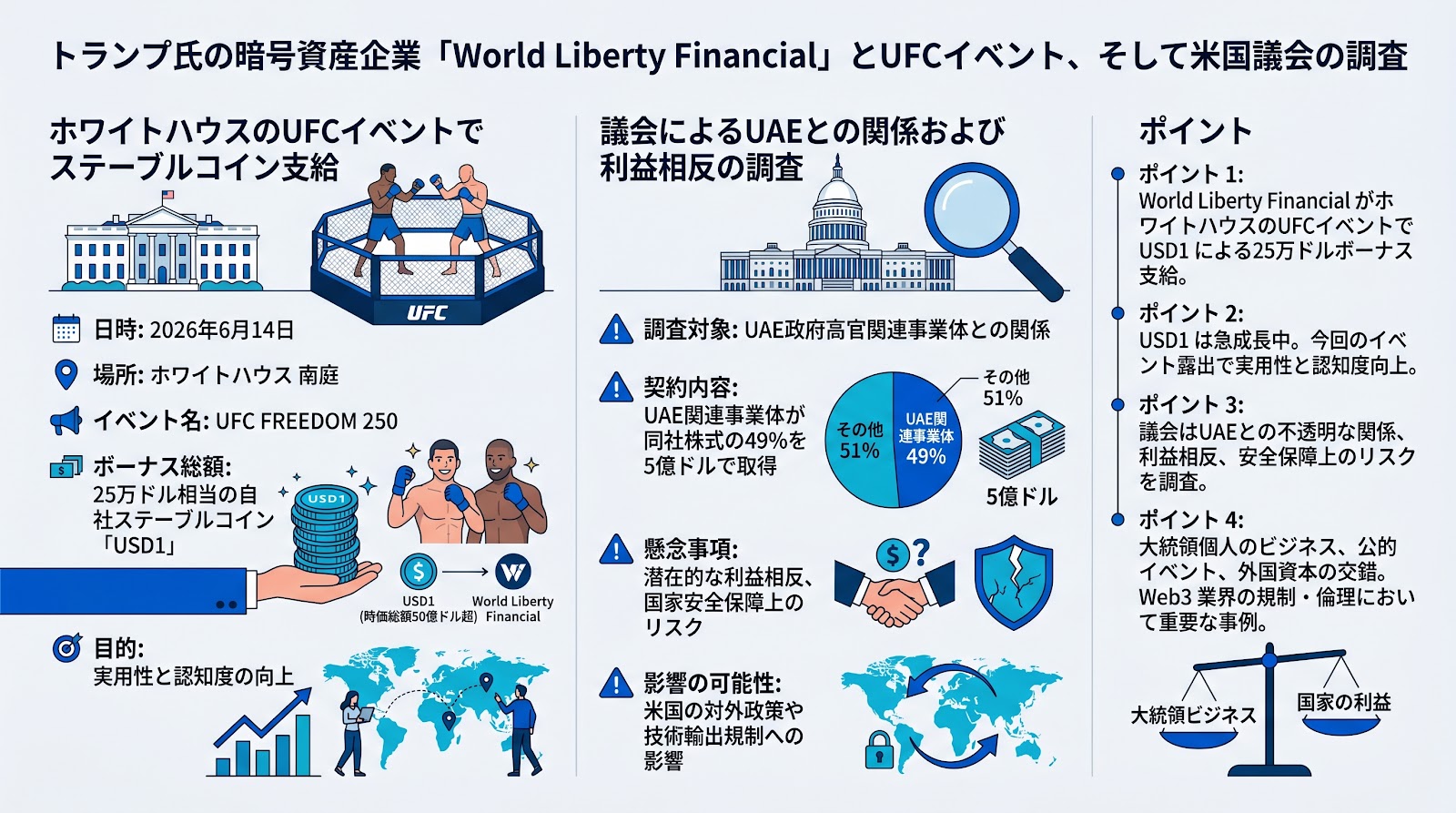 トランプ氏関連の暗号資産企業がホワイトハウスのUFCイベントでステーブルコインを支給、議会はUAEとの関係を調査