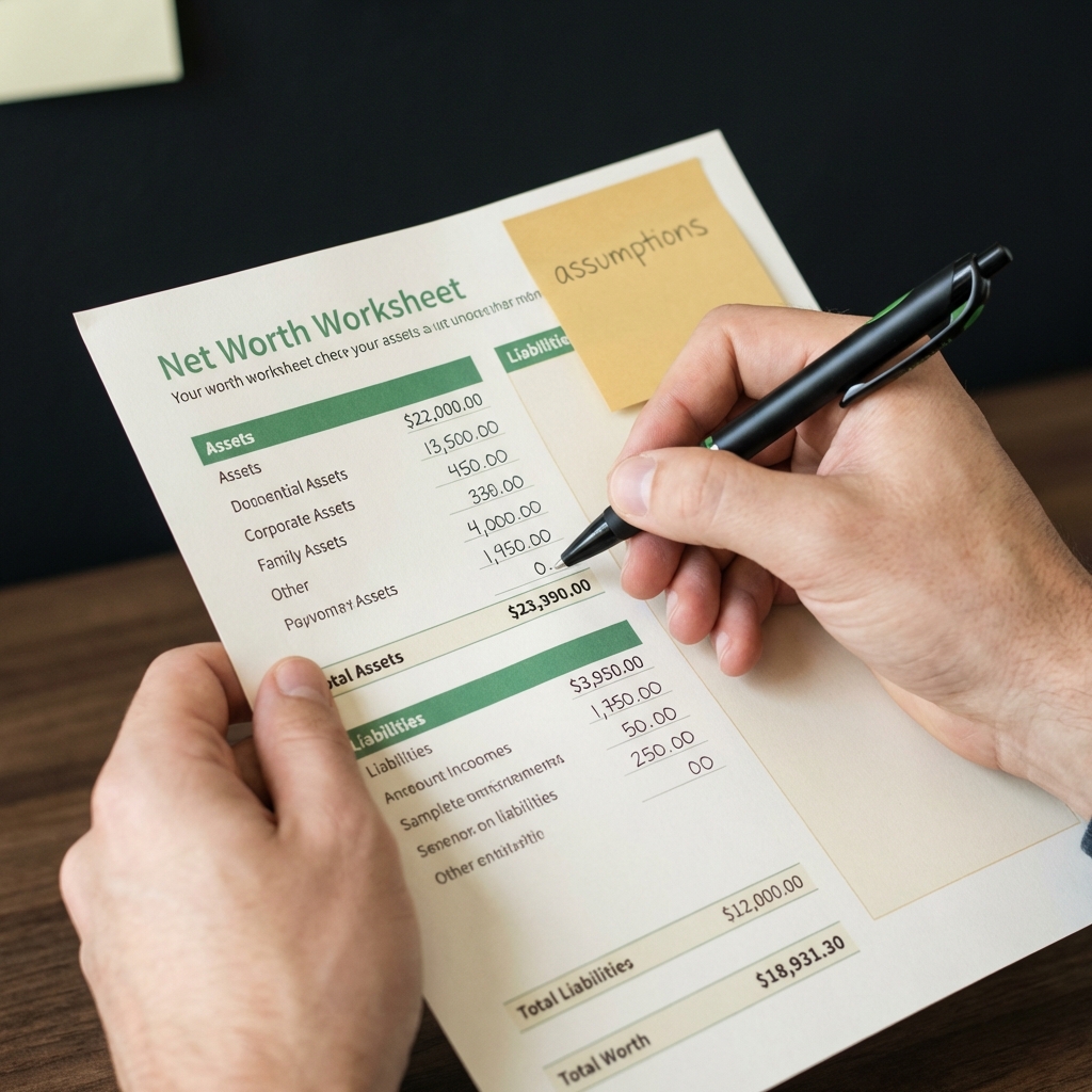 Close up of hands completing a net worth worksheet with a pen and a sticky note labeled assumptions minimalist Finance Police brand styling retirement planning tips