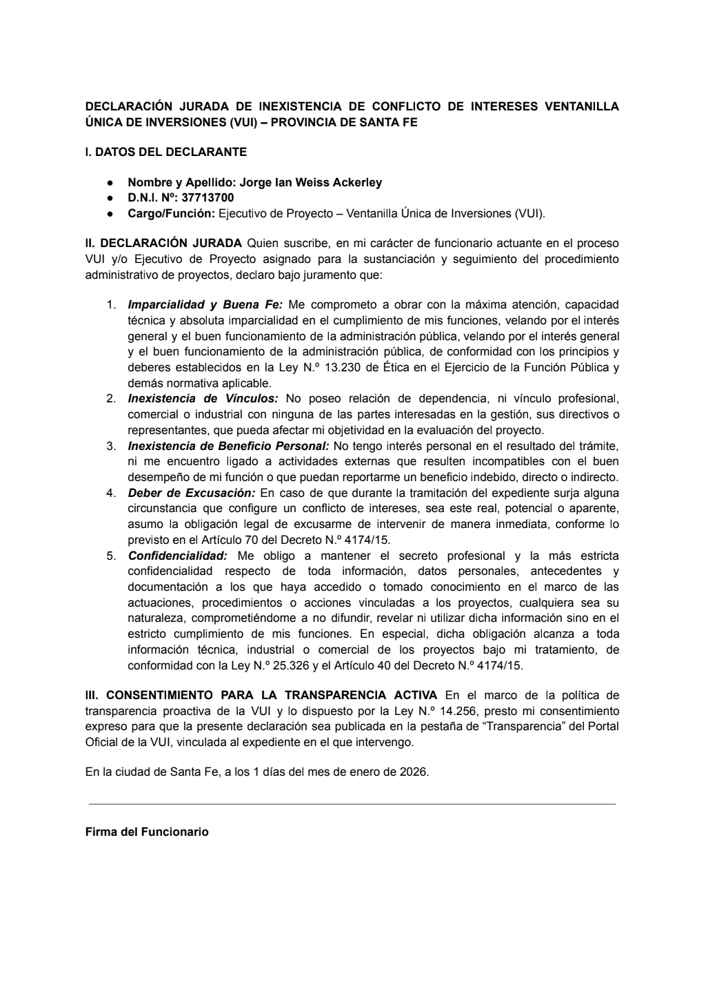 Primera página de la declaración jurada de Jorge Weiss Ackerley