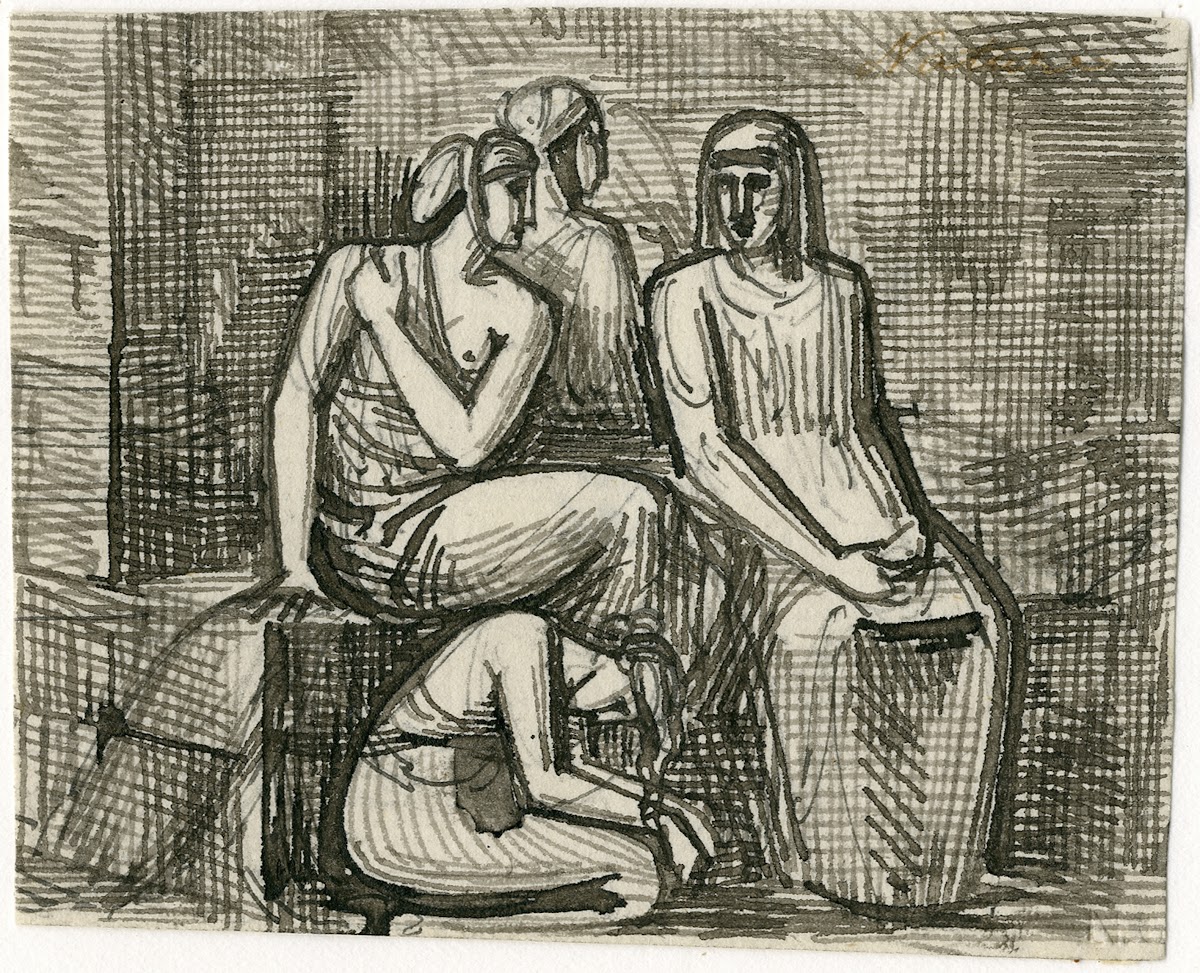 Vier zittende vrouwenfiguren